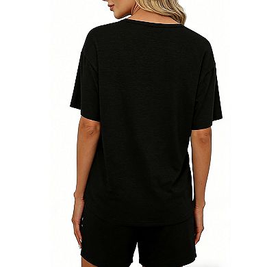 Henley Neck Short Sleeve Two Piece Set with Pocketed Shorts for Loungewear