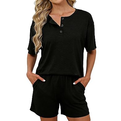 Henley Neck Short Sleeve Two Piece Set with Pocketed Shorts for Loungewear