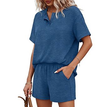 Henley Neck Short Sleeve Two Piece Set with Pocketed Shorts for Loungewear