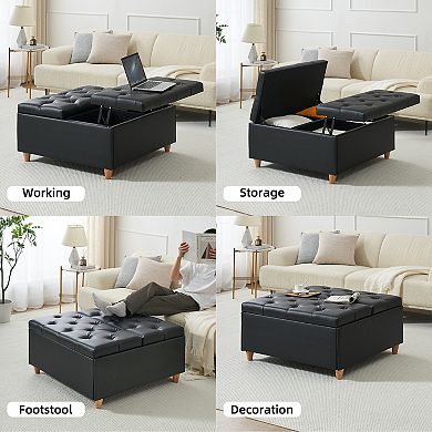 Ottoman Coffee Table with Lift Top, Sherpa Fabric Tufted Upholstered Ottoman with Storage