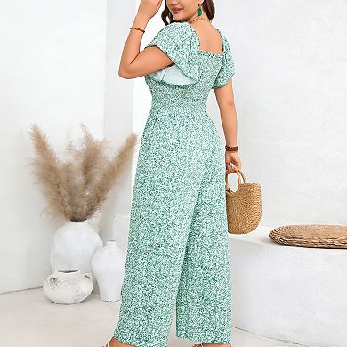 Women's Plus Size Square Neck Jumpsuit Ruffle Sleeve Smocked Summer Wide Leg Casual Romper