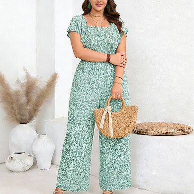 Women's Plus Size Square Neck Jumpsuit Ruffle Sleeve Smocked Summer Wide Leg Casual Romper