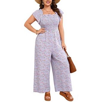 Women's Plus Size Square Neck Jumpsuit Ruffle Sleeve Smocked Summer Wide Leg Casual Romper