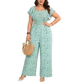 Women's Plus Size Square Neck Jumpsuit Ruffle Sleeve Smocked Summer Wide Leg Casual Romper