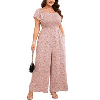 Women's Plus Size Square Neck Jumpsuit Ruffle Sleeve Smocked Summer Wide Leg Casual Romper