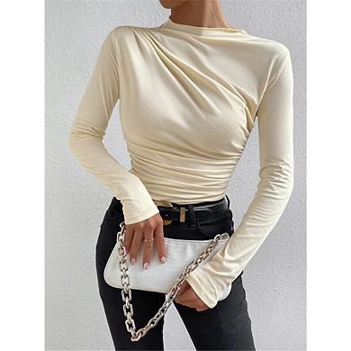 Women's Casual Ruched Long Sleeve Shirts Top Solid Color Mock Neck Fitted Blouse Basic Tops