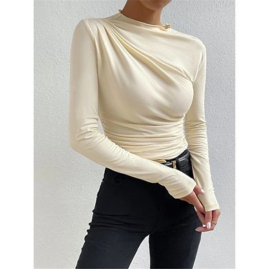Women's Casual Ruched Long Sleeve Shirts Top Solid Color Mock Neck Fitted Blouse Basic Tops