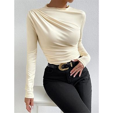 Women's Casual Ruched Long Sleeve Shirts Top Solid Color Mock Neck Fitted Blouse Basic Tops
