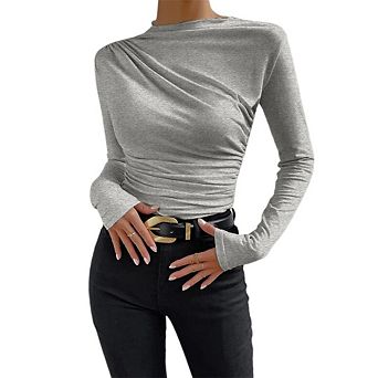 Women's Casual Ruched Long Sleeve Shirts Top Solid Color Mock Neck Fitted Blouse Basic Tops