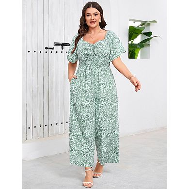Women's Plus Size Square Neck Short Sleeve Jumpsuit Romper