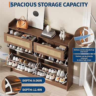 Rattan Shoe Storage Cabinet Narrow Flip Drawer Shoe Organizer with Adjustable Shelves for Entryway