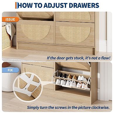 Rattan Shoe Storage Cabinet Narrow Flip Drawer Shoe Organizer with Adjustable Shelves for Entryway