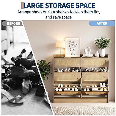 Rattan Shoe Storage Cabinet Narrow Flip Drawer Shoe Organizer with Adjustable Shelves for Entryway