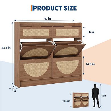 Rattan Shoe Storage Cabinet Narrow Flip Drawer Shoe Organizer with Adjustable Shelves for Entryway
