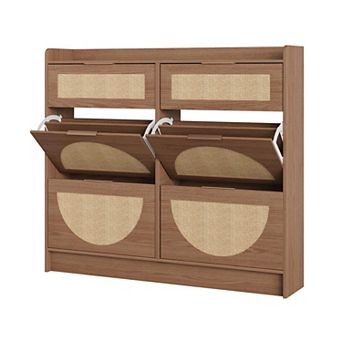Rattan Shoe Storage Cabinet Narrow Flip Drawer Shoe Organizer with Adjustable Shelves for Entryway