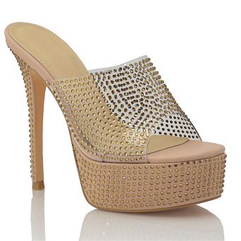 Clear Rhinestone Studded Platform Stiletto Mule Sandals