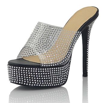 Clear Rhinestone Studded Platform Stiletto Mule Sandals