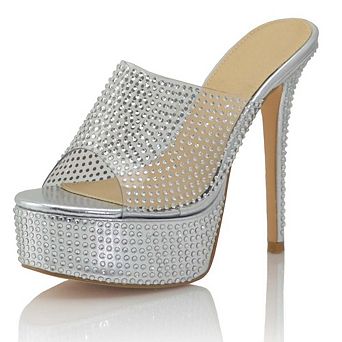 Clear Rhinestone Studded Platform Stiletto Mule Sandals