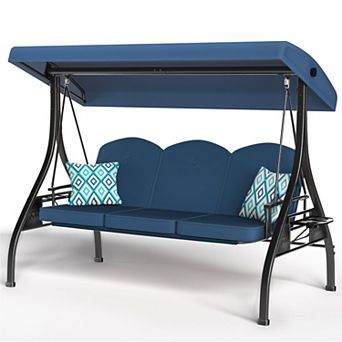 3-Seat Square Tube Outdoor Porch Patio Swing with Stand Adjustable Canopy and Removable Cushion