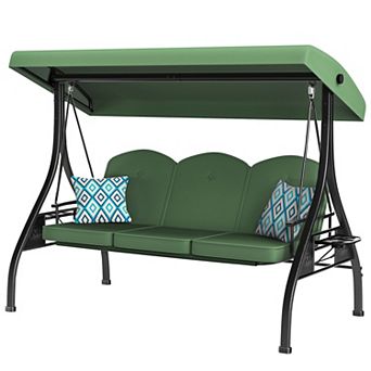 3-Seat Square Tube Outdoor Porch Patio Swing with Stand Adjustable Canopy and Removable Cushion