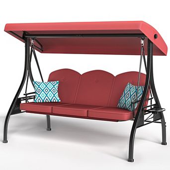 3-Seat Square Tube Outdoor Porch Patio Swing with Stand Adjustable Canopy and Removable Cushion
