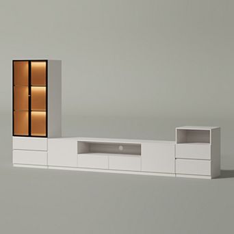 Media Console Set of 3 for 75" TV, Entertainment Center with TV Stand and Storage, White cabinets