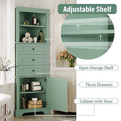 DOMETOURE Green 68-in. Tall Triangle Corner Cabinet with 3 Drawers and Adjustable Shelves