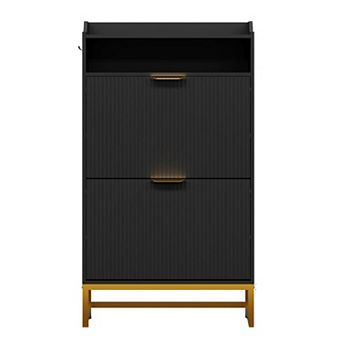 Narrow Fluted Shoe Cabinet with 2 Flip Drawers and Open Shelf Modern Slim Shoe Storage