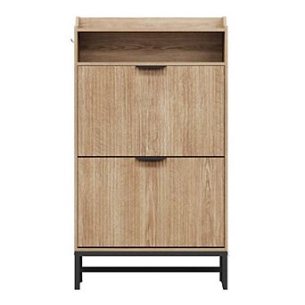 Narrow Fluted Shoe Cabinet with 2 Flip Drawers and Open Shelf Modern Slim Shoe Storage
