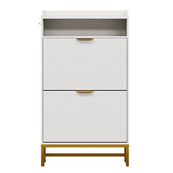 Narrow Fluted Shoe Cabinet with 2 Flip Drawers and Open Shelf Modern Slim Shoe Storage