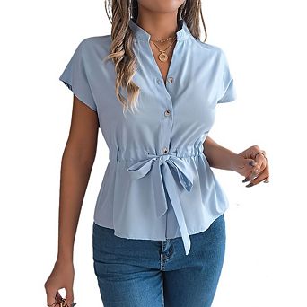 Women's Casual Short Sleeve Peplum Blouse Button Down Tops Dressy Chiffon Work Blouse With Tied