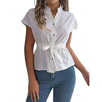 Women's Casual Short Sleeve Peplum Blouse Button Down Tops Dressy Chiffon Work Blouse With Tied