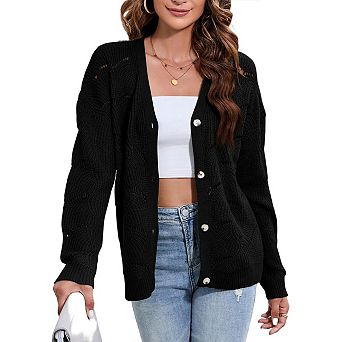 Women's Crochet Cardigan Lightweight Long Sleeve Hollow Out Kint Outwear Sweater