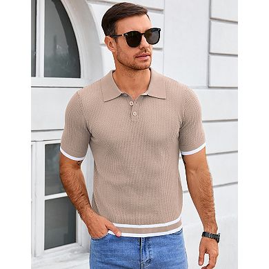 Men's Short Sleeve Polo Knit Top Soft Summer Pullover