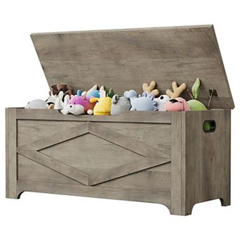 39.4" Storage Chest, Wooden Storage Bench with Safety Hinge, Farmhouse Style Wooden Toy Chest