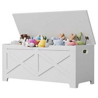 39.4" Storage Chest, Wooden Storage Bench with Safety Hinge, Farmhouse Style Wooden Toy Chest