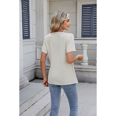 Women's Casual Solid Color V Neck Pullover Blouse Low Cut Short Sleeve Shirt Solid Color Top