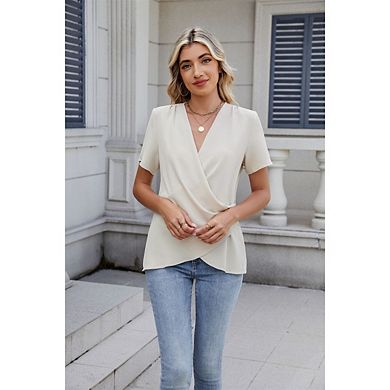 Women's Casual Solid Color V Neck Pullover Blouse Low Cut Short Sleeve Shirt Solid Color Top