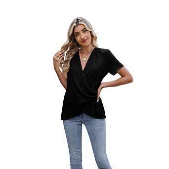 Women's Casual Solid Color V Neck Pullover Blouse Low Cut Short Sleeve Shirt Solid Color Top