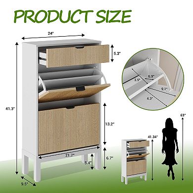 Fluted Shoe Cabinet with 2 Flip Doors and Drawer Slim Hidden Shoe Storage with Iron Legs
