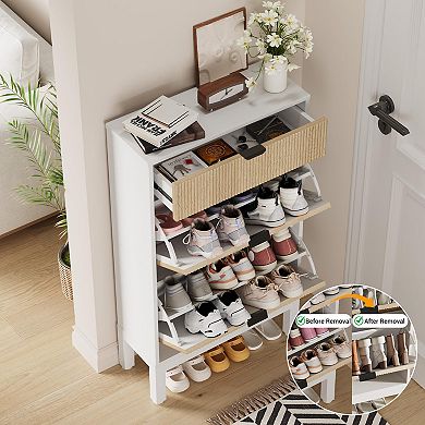 Fluted Shoe Cabinet with 2 Flip Doors and Drawer Slim Hidden Shoe Storage with Iron Legs