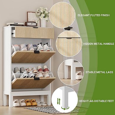 Fluted Shoe Cabinet with 2 Flip Doors and Drawer Slim Hidden Shoe Storage with Iron Legs