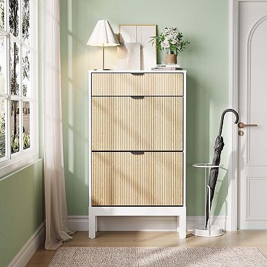 Fluted Shoe Cabinet with 2 Flip Doors and Drawer Slim Hidden Shoe Storage with Iron Legs