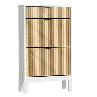 Fluted Shoe Cabinet with 2 Flip Doors and Drawer Slim Hidden Shoe Storage with Iron Legs