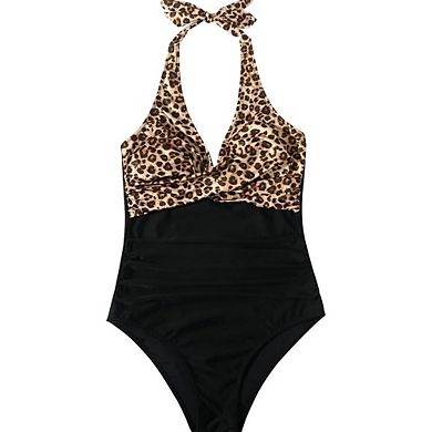 Elegant Halter One Piece Bathing Suits for Women Solid Print Ruched Swimsuits for Poolside