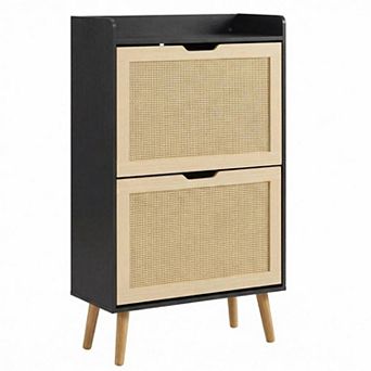 Rattan Shoe Cabinet with 2 Flip Doors and Drawer Slim Shoe Storage Organizer Holds 12-15 Pairs