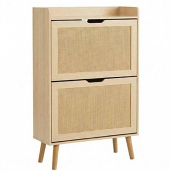 Rattan Shoe Cabinet with 2 Flip Doors and Drawer Slim Shoe Storage Organizer Holds 12-15 Pairs