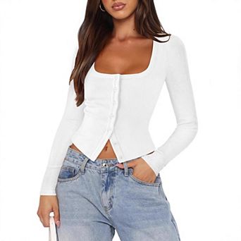 Women Casual Knitted Ribbed Slim Fit Long Sleeve Cardigan Button Down Long Sleeve Square Neck Shirt