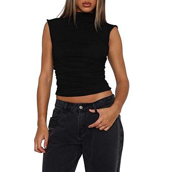 Women's Casual Mock Neck Sleeveless Ruched Crop Top Fitted Solid Color Basic Pleated Shirts Tops