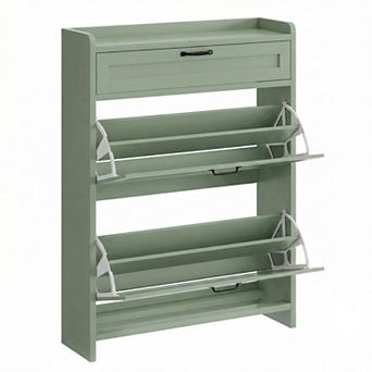 Shoe Cabinet with 2 Flip Drawers and Top Drawer High-Gloss Hidden Entryway Shoe Storage Organizer